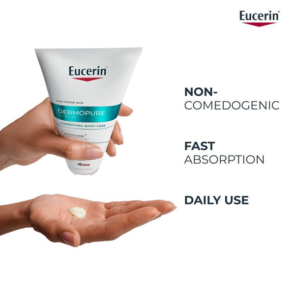 Eucerin Dermopure body care product being applied to a hand on a white background