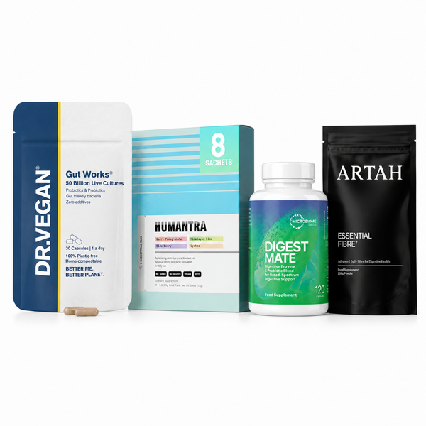 Four supplement products arranged side by side on a light gray background: a blue-and-white Dr. Vegan Gut Works pouch, a teal and white Humantra box with '8 SACHETS' at the top, a white bottle labeled Digest Mate, and a black Artah Essential Fibre pouch.