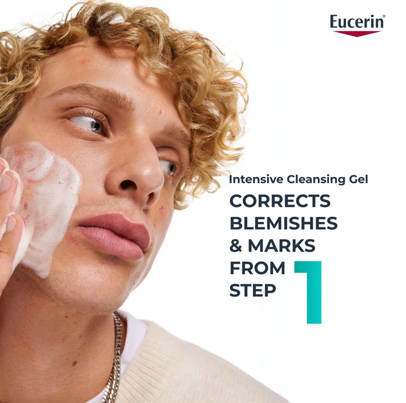 Person applying Eucerin Intensive Cleansing Gel to face with text highlighting product benefits.