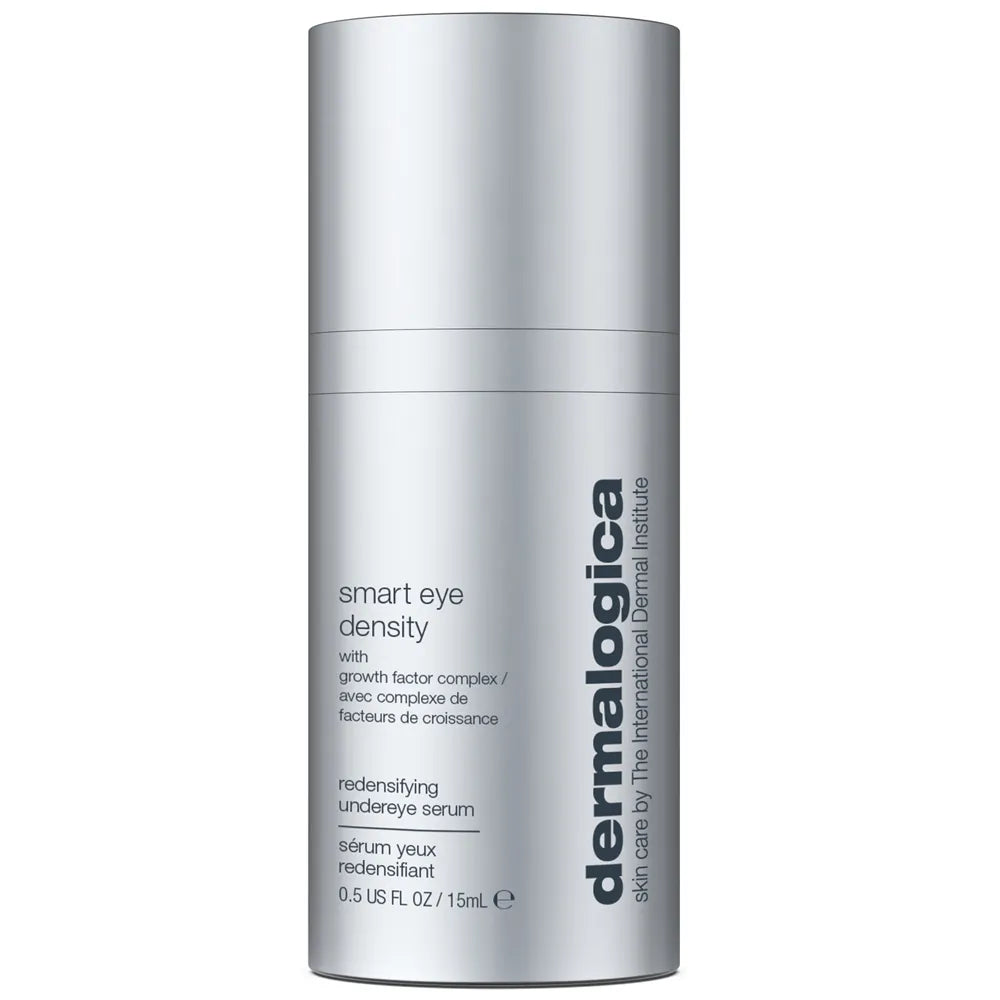 Dermalogica Smart Eye Density redensifying undereye serum in a sleek silver cylindrical bottle, shown against a plain white background.
