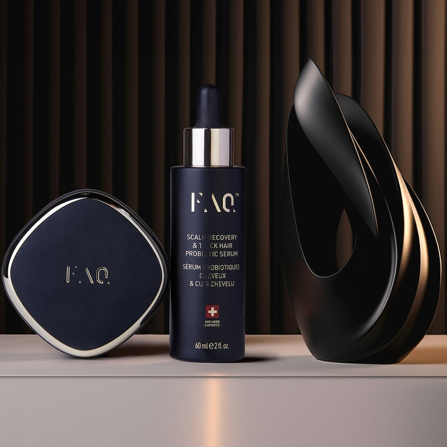 FAQ skincare serum bottle with black container and decorative item on a neutral background