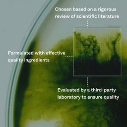 Microscopic view of green algae with text about scientific review and quality ingredients.