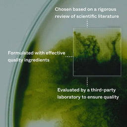 Bacterial culture plate with text about quality ingredients and third-party evaluation
