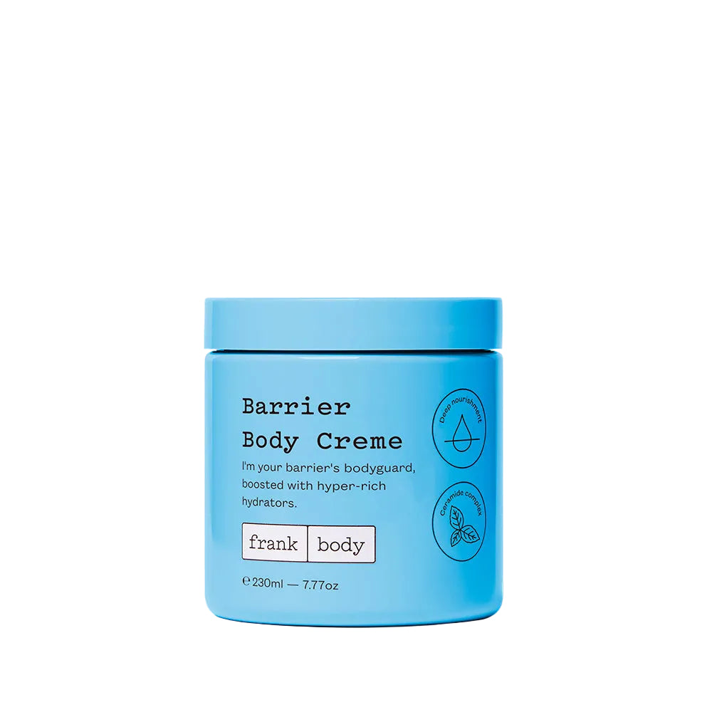 Blue jar of Barrier Body Creme by frank body on a white background