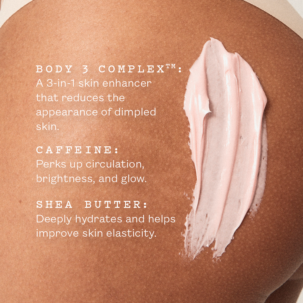 Body 3 Complex skincare product with shea butter on skin, text describing benefits.