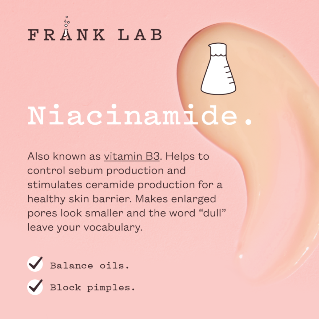 Advertisement for Frank Lab Niacinamide with text and a bottle icon on a pink background