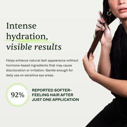 Woman holding hair with text about intense hydration and visible results for hair care product.