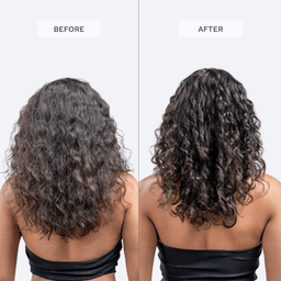 Before and after comparison of curly hair on a person with a plain background