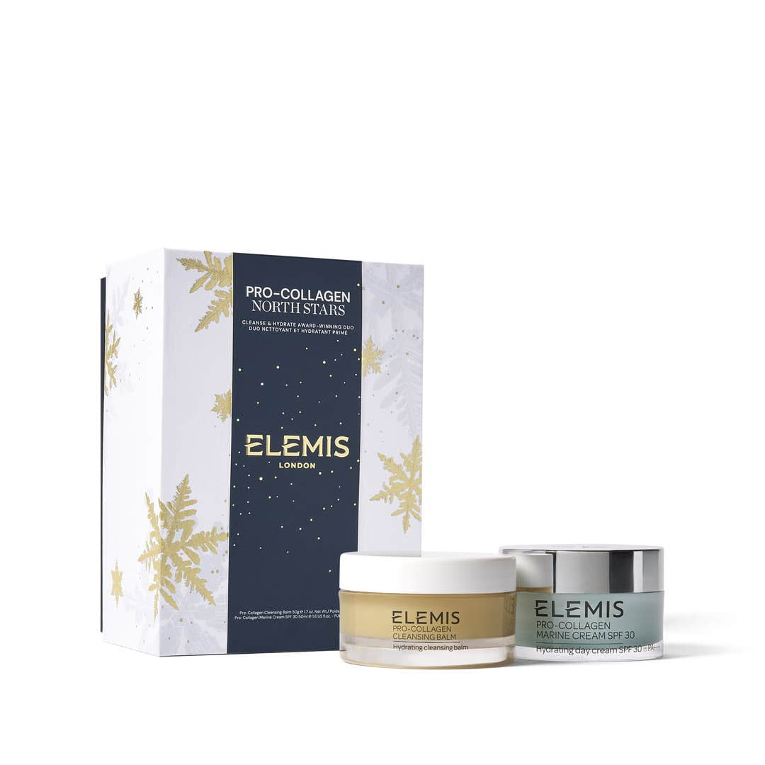Elemis skincare set with two jars and a box on a white background