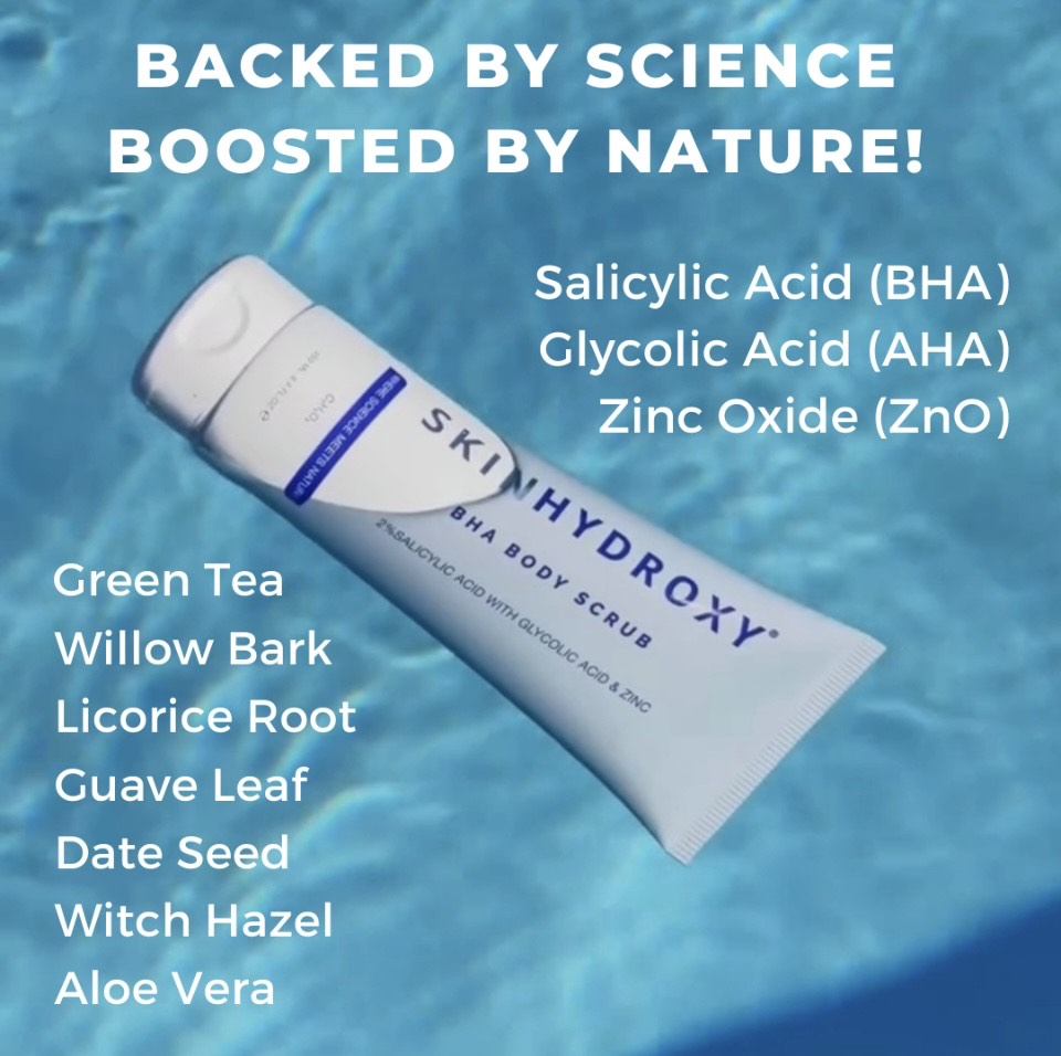 SKIN Hydroxy body scrub with ingredients listed on a blue water background