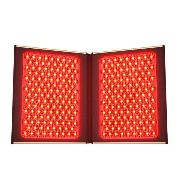 An open red light therapy panel with two large rectangular grids of glowing red LEDs, shown against a plain white background.