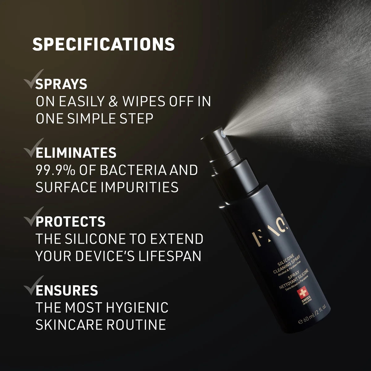 Black spray bottle with text detailing its features on a dark background