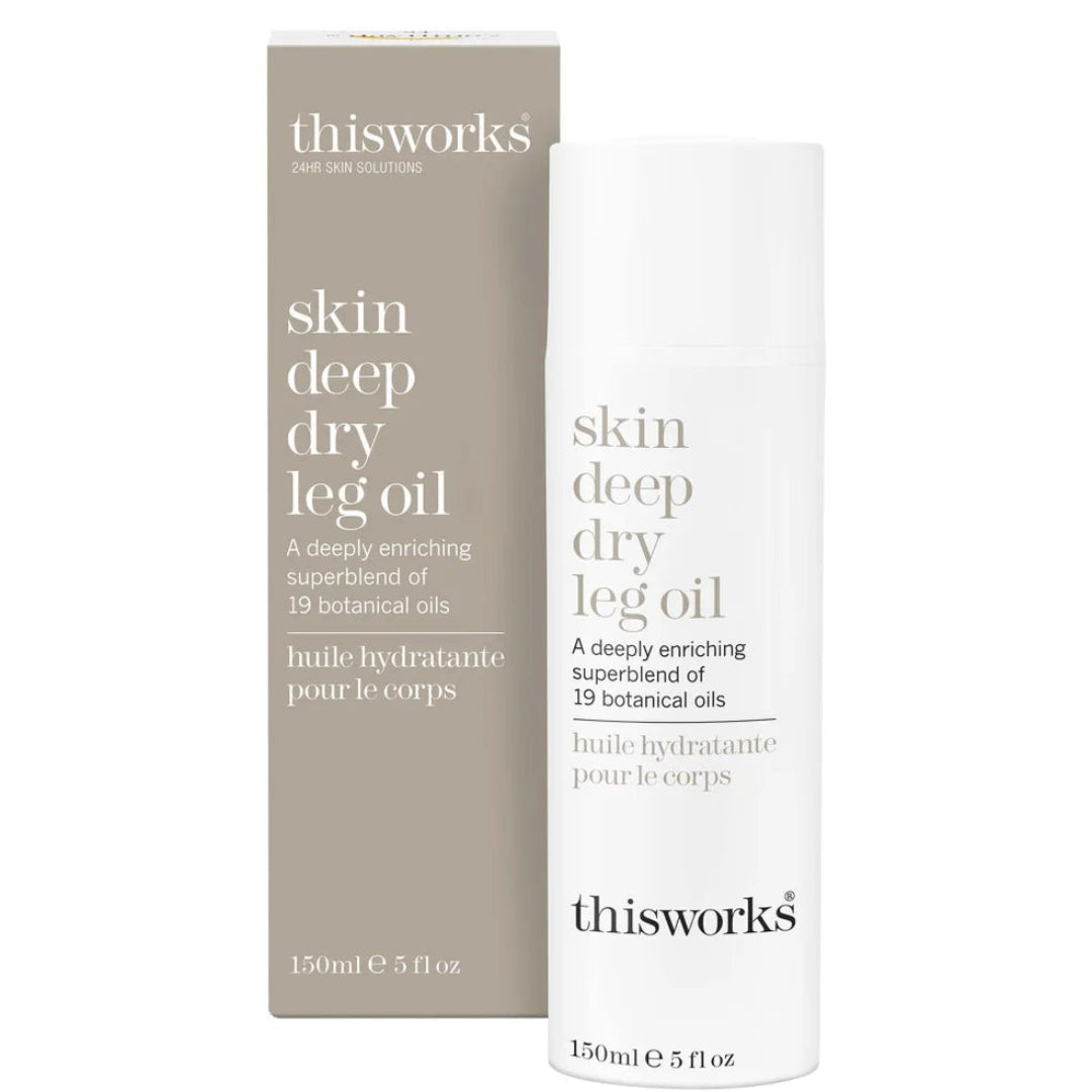 thisworks skin deep dry leg oil packaging on a white background