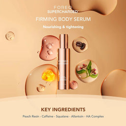 A promotional graphic for FOREO SUPERCHARGED Firming Body Serum, showing a metallic rose-gold bottle centered on a peach-beige background with decorative droplets and ingredient illustrations. Text reads 'Firming Body Serum' and 'Nourishing & tightening,' with 'KEY INGREDIENTS' listed below.