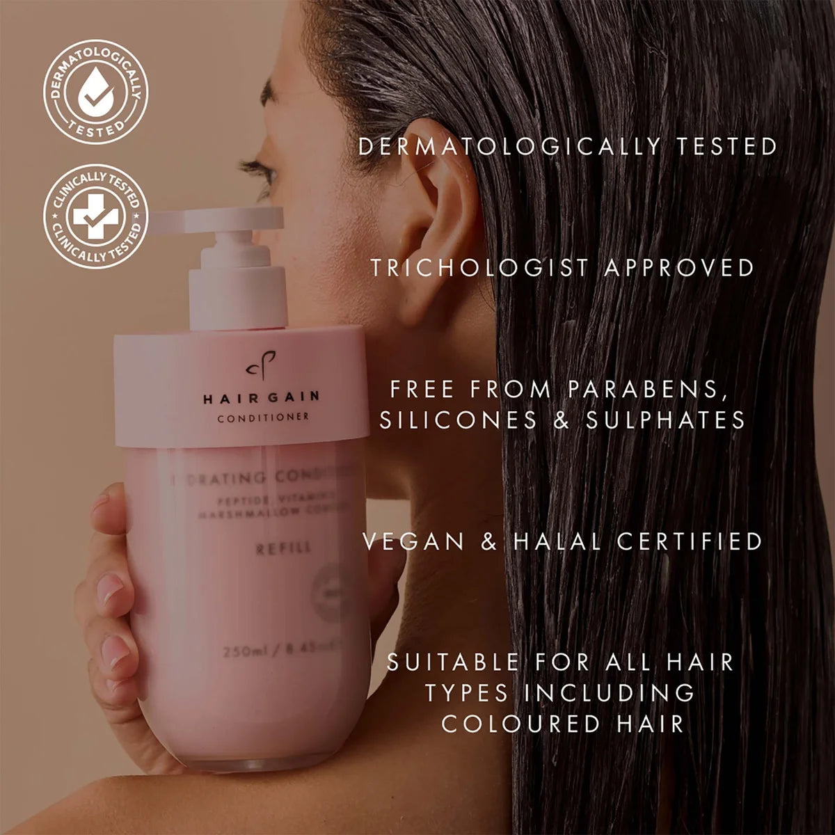 Hairgain conditioner bottle held by a person with text about product features.