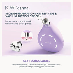 A promotional product graphic for the FOREO KIWI derma microdermabrasion skin refining and vacuum suction device. The main subject is a lavender-purple teardrop-shaped device with a metallic silver nozzle, shown alongside two interchangeable silver diamond tip heads.