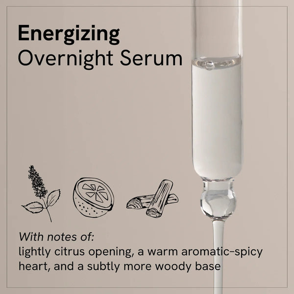 A product graphic for Energizing Overnight Serum on a warm beige background, featuring a close-up of a clear glass dropper bottle filled with white serum. Text describes the scent notes of lightly citrus opening, warm aromatic-spicy heart, and woody base, with simple line drawings of a rose, citrus slice, and cinnamon sticks.