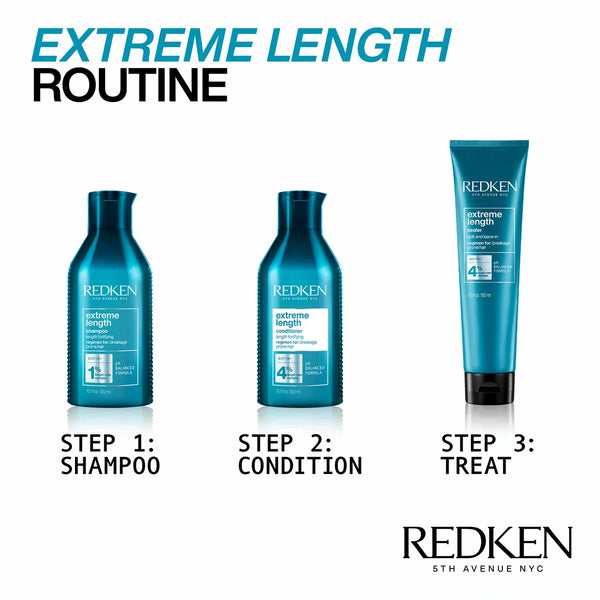Redken Extreme Length hair care products with step-by-step instructions on a white background