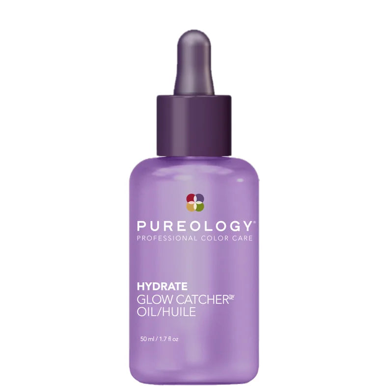 Purple bottle of Pureology Hydrate Glow Catcher Oil on a white background