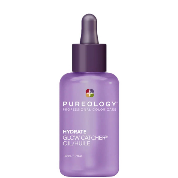 Purple bottle of Pureology Hydrate Glow Catcher Oil on a white background