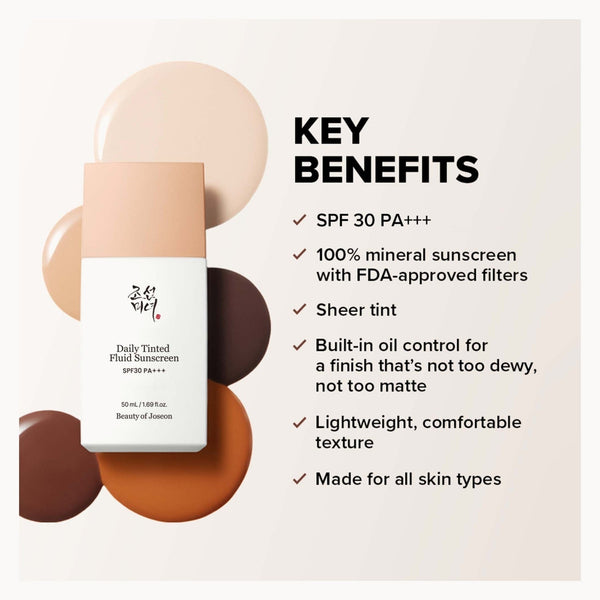 Beauty of Joseon Daily Tinted Fluid Sunscreen SPF 30 PA+++ bottle shown on a light beige background with cosmetic swatches and text listing key benefits including SPF 30, mineral sunscreen, sheer tint, oil control, lightweight texture, and suitability for all skin types.