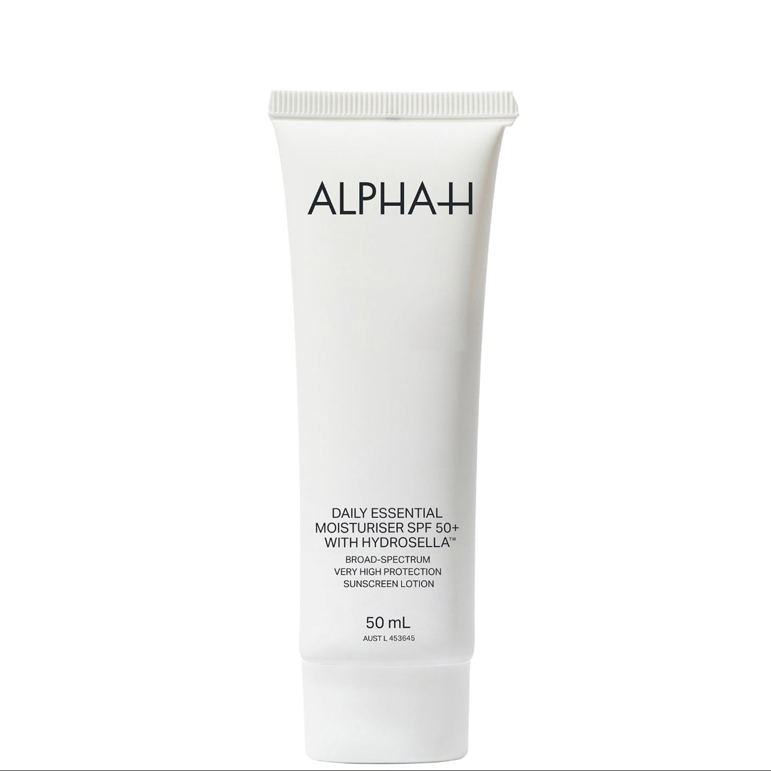 White tube of Alpha-H daily essential moisturizer on a white background