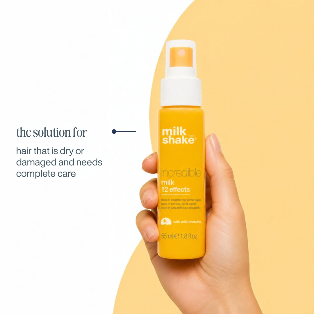 A hand holding a bottle of Milk Shake Incredible Milk 12 Effects hair care product against a split white and pale yellow background with marketing text on the left.