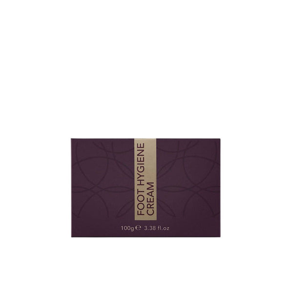 Box of foot hygiene cream with a purple design on a white background