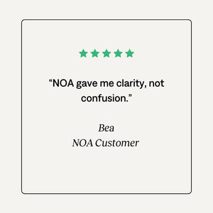 Five-star review for NOA with a quote from a customer on a white background