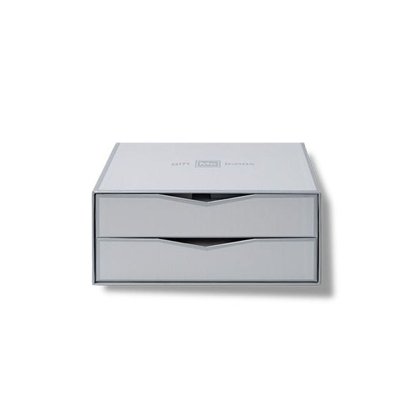 A silver metallic two-drawer storage box with a minimalist design, shown on a clean white background.