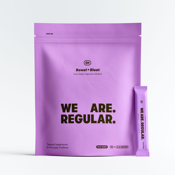A lavender purple stand-up pouch labeled 'G1 Bowel + Bloat' with the slogan 'WE ARE. REGULAR.