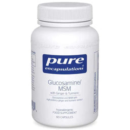 A white plastic bottle of Pure Encapsulations Glucosamine/MSM with Ginger & Turmeric, featuring a blue and white label, on a white background.