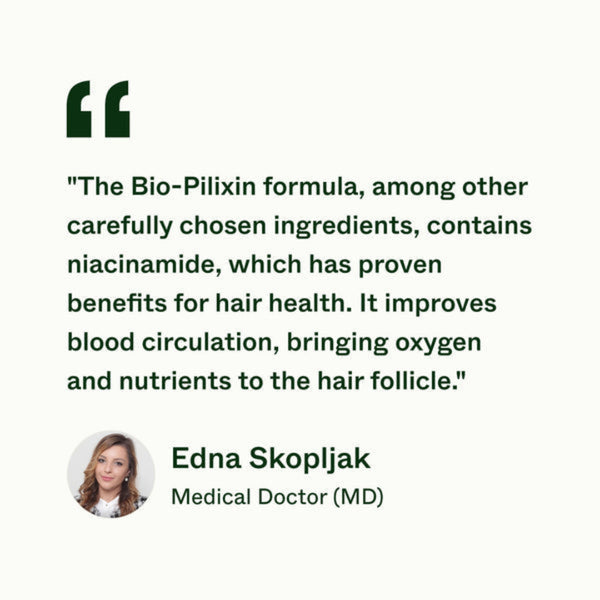 A quote graphic on a light cream background with dark green text. The quote attributes benefits of a hair health formula to niacinamide, citing Edna Skopljak, Medical Doctor (MD), with a small circular profile photo of the doctor.
