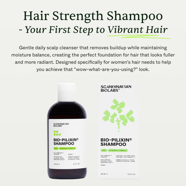 Hair strength shampoo bottle with product description on a white background