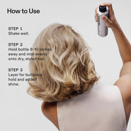 A person shown from behind with wavy blonde hair, holding a spray bottle and misting their hair. The image includes a 'How to Use' guide with three steps on a light gray background.