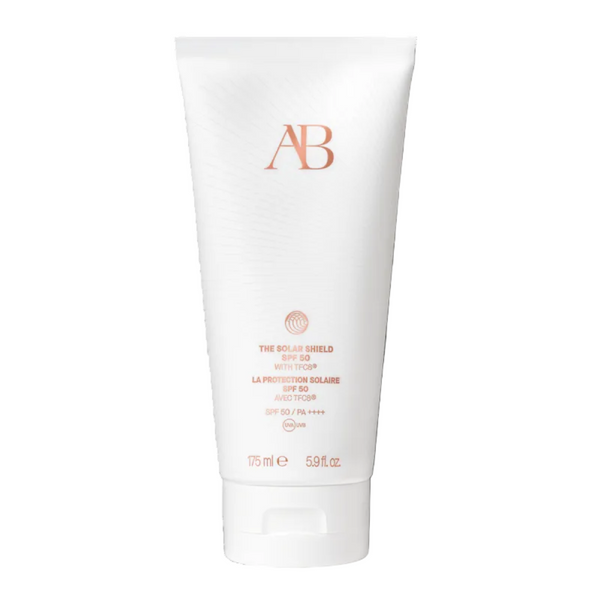 White sunscreen tube with 'AB' logo on a white background