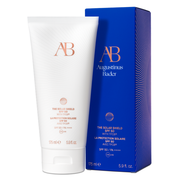 Augustinus Bader sunscreen tube and packaging on a white background