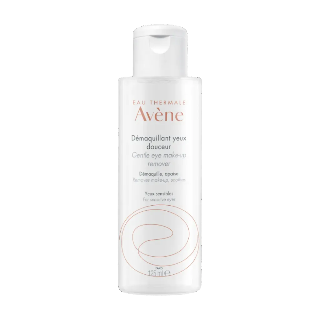 Avene eye makeup remover bottle on a white background