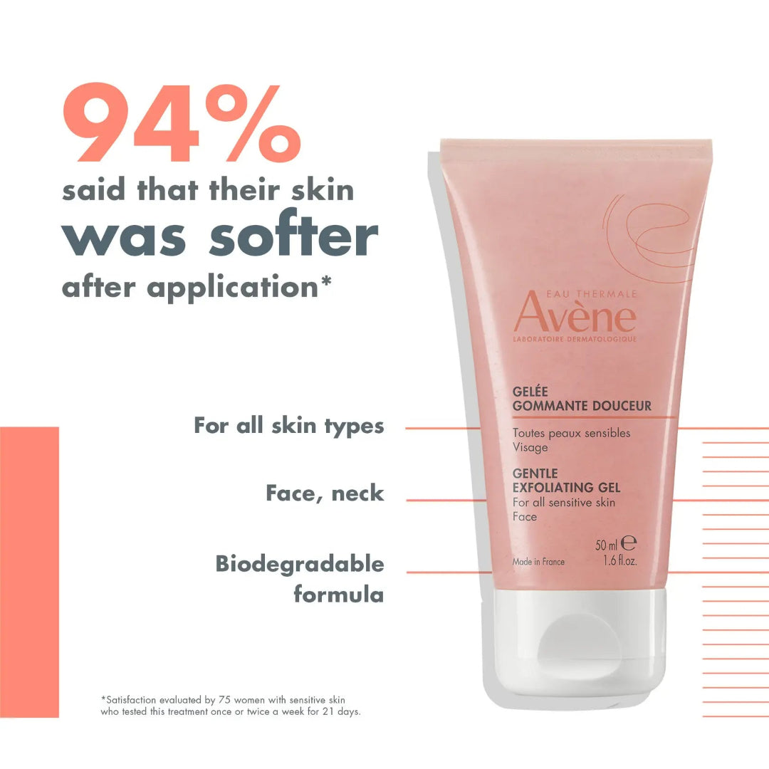 Avene facial exfoliating gel with product details and user feedback on a white background
