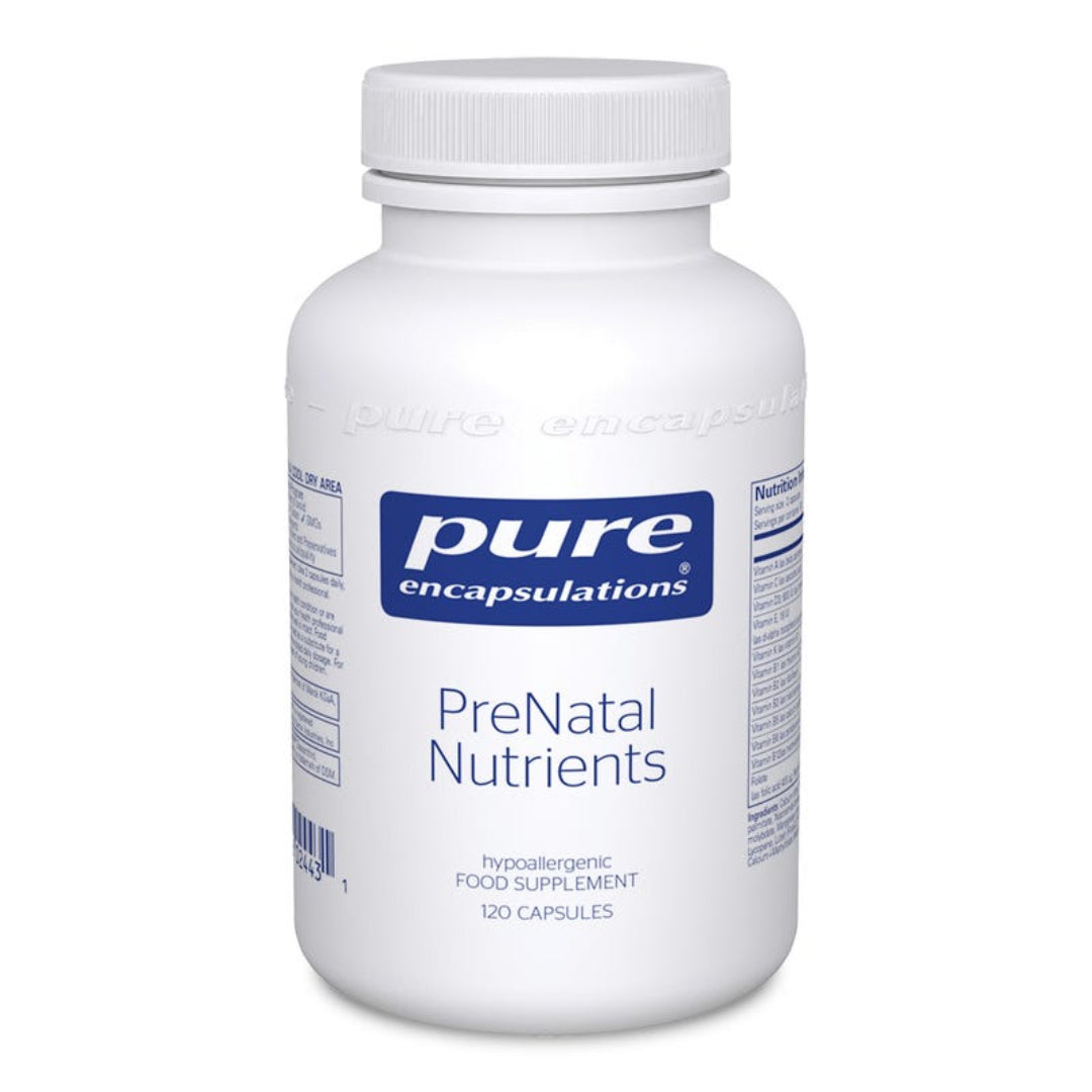 A white plastic bottle of Pure Encapsulations PreNatal Nutrients food supplement with a white ribbed cap, shown on a plain white background.