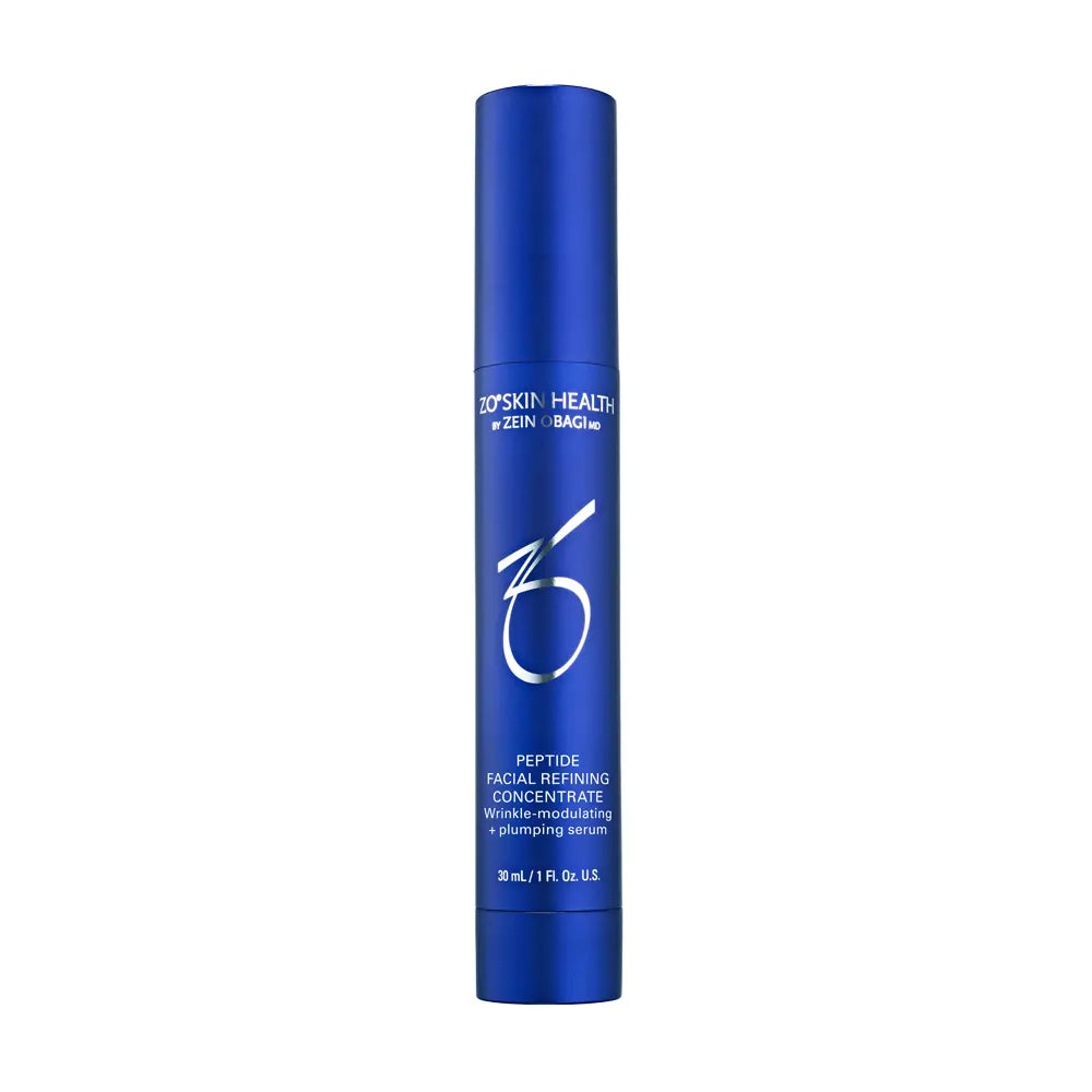 Blue cylindrical container with 'ZO Skin Health' branding on a white background