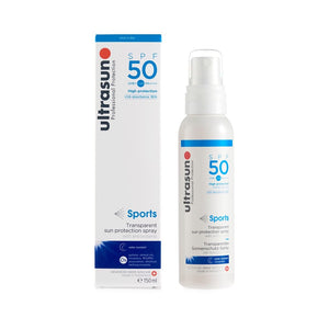 White Ultrasun Sports Spray SPF 50 150ml bottle next to white box