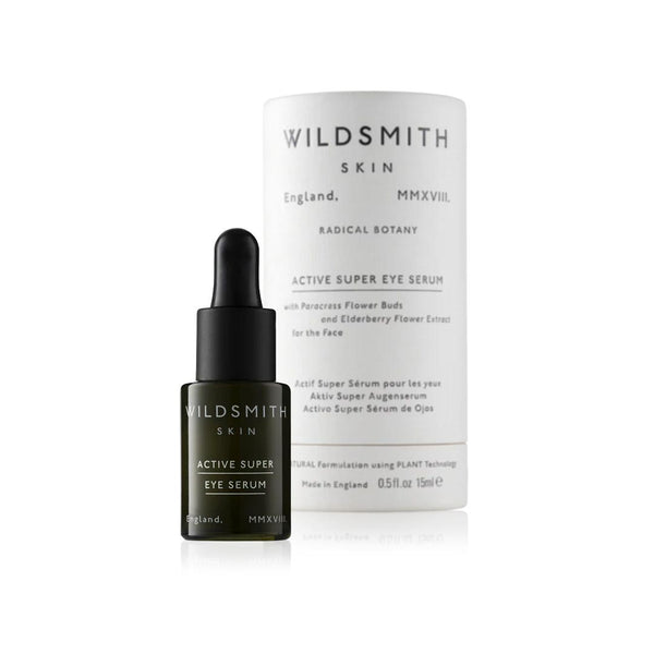 Dark green Wildsmith Skin Active Super Eye Serum 15ml bottle with pipette lid next to white box