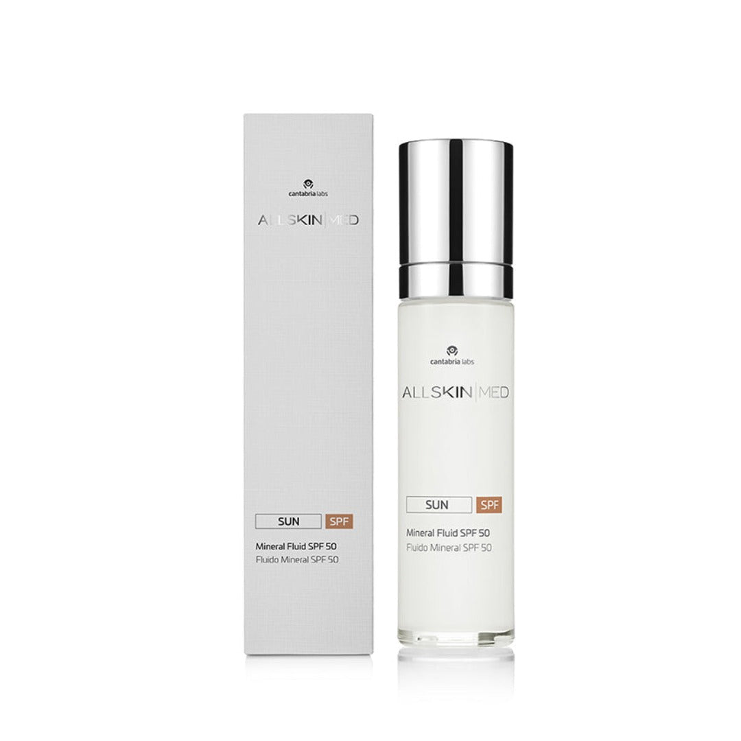 ALLSKIN MED SUN Mineral Fluid SPF 50 with the white boxed product