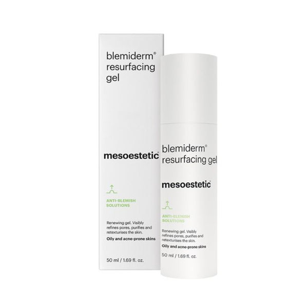 A container of mesoestetic Blemiderm Resurfacing Gel with its box packaging