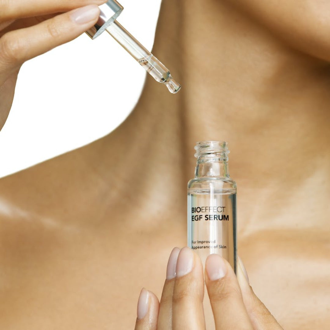 BIOEFFECT EGF Serum bottle held close to a neck