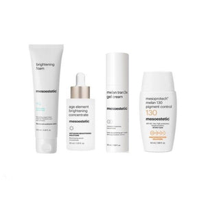 four of mesoestetic products - mesoestetic Brightening Foam (100ml) mesoestetic Age Element Brightening Concentrate (30ml) mesoestetic Melan Tran3x Daily Depigmenting Gel Cream (50ml) mesoestetic Mesoprotech Melan 130 Pigment Control (50ml)