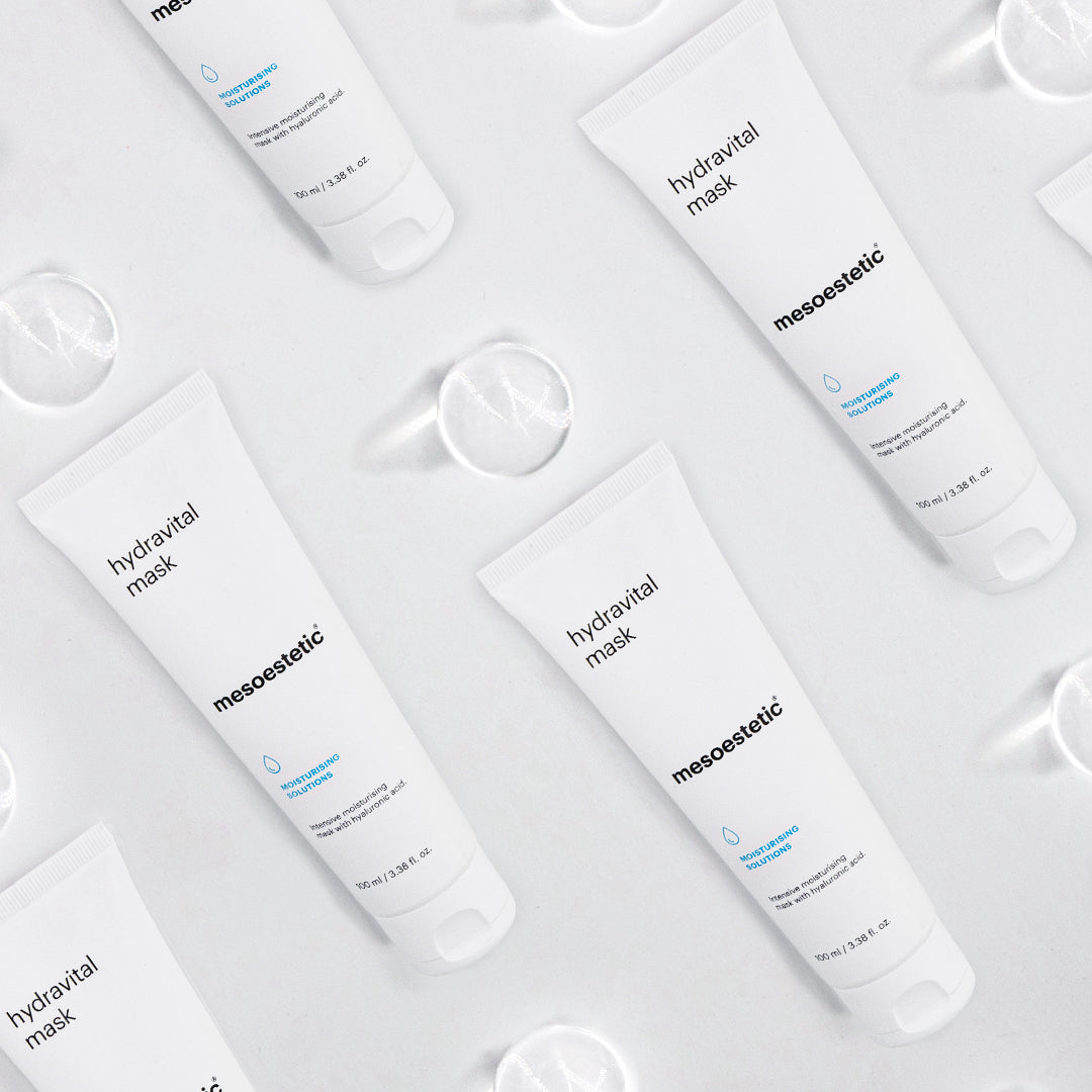 multiple mesoestetic Hydravital Mask layed out horizontally 