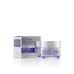 retinol day cream light purple jar next to carton box in front of white background